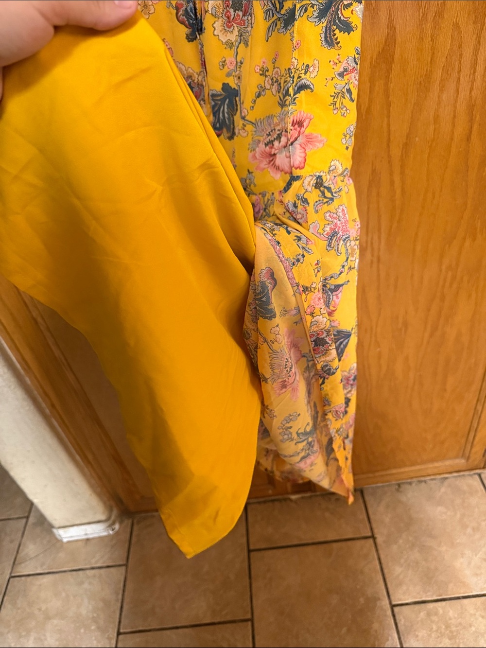 Yellow Floral Tiered wide leg pants with Pink & Green Accents - Picture 6 of 8